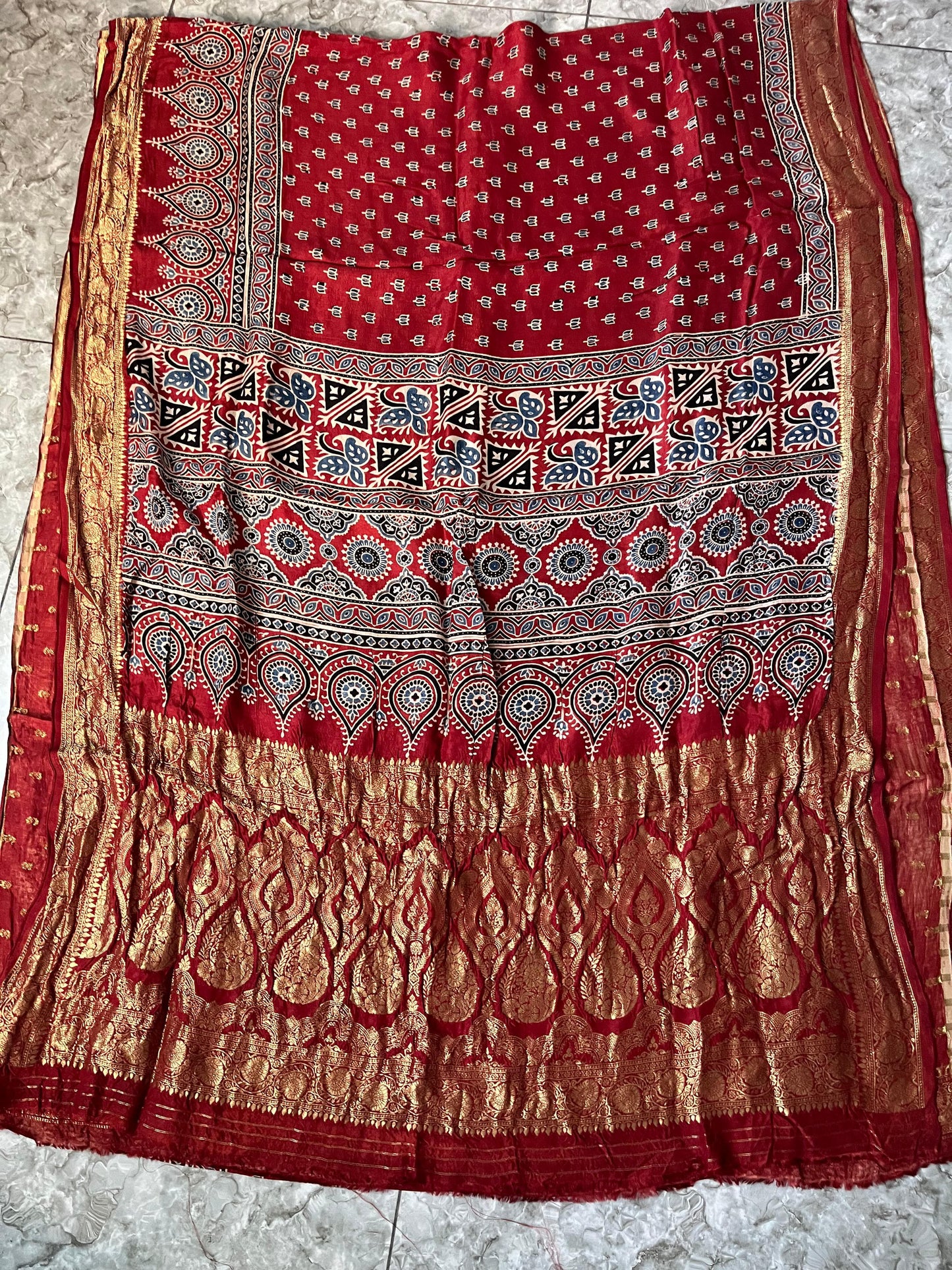 Ajrakh printed Dola silk saree