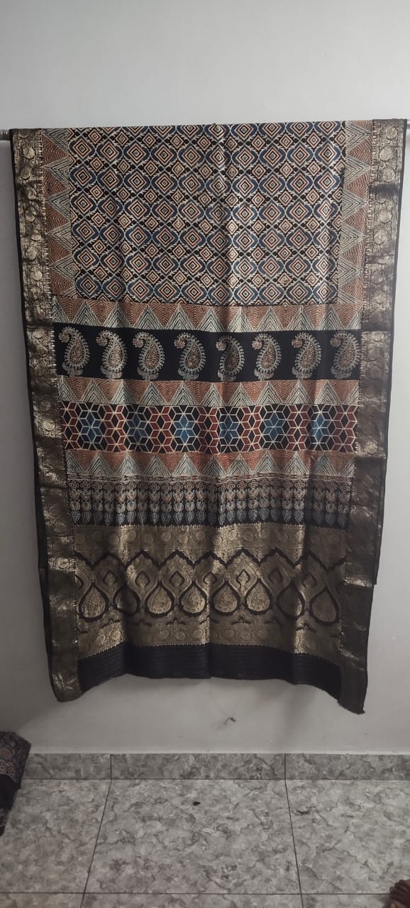Ajrakh printed Dola silk saree