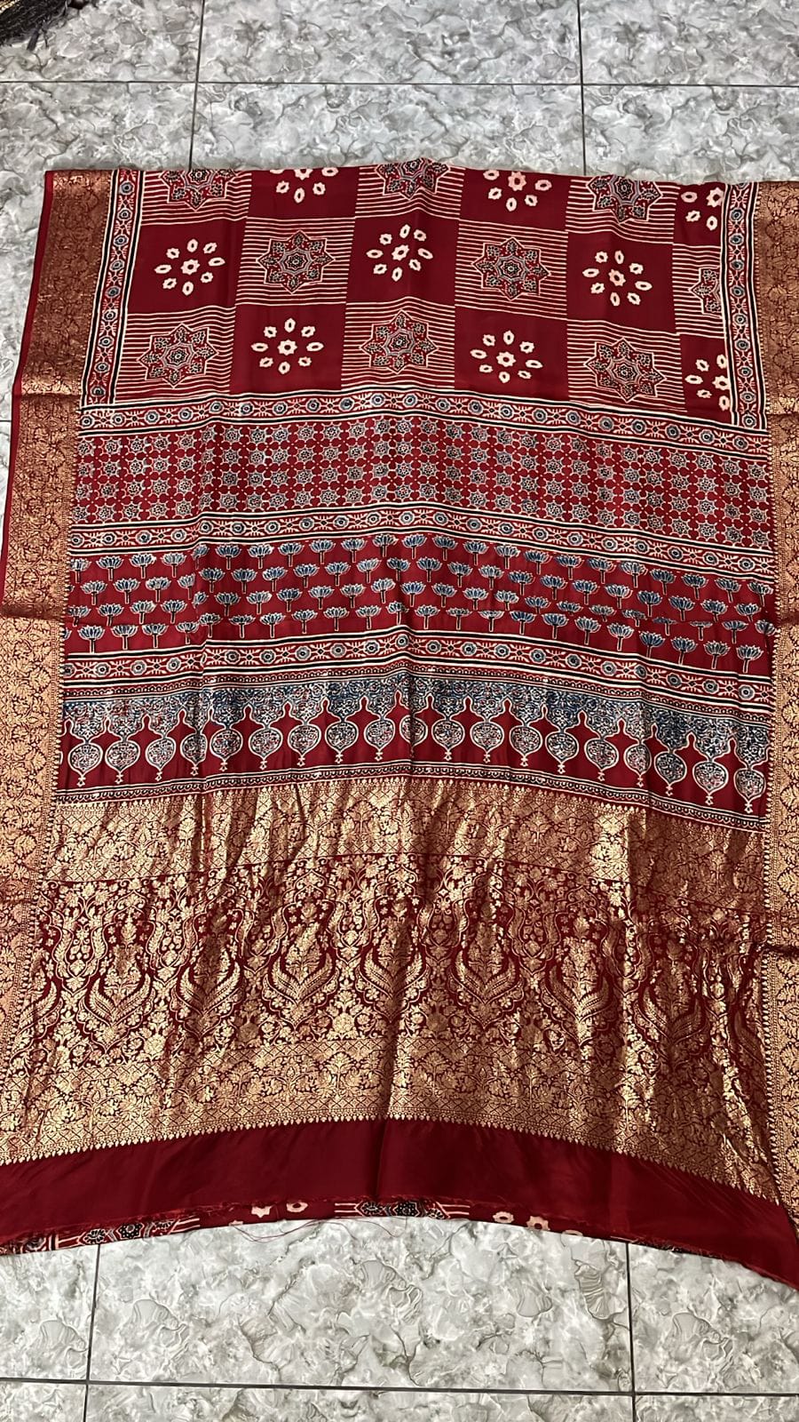 Ajrakh printed Dola silk saree