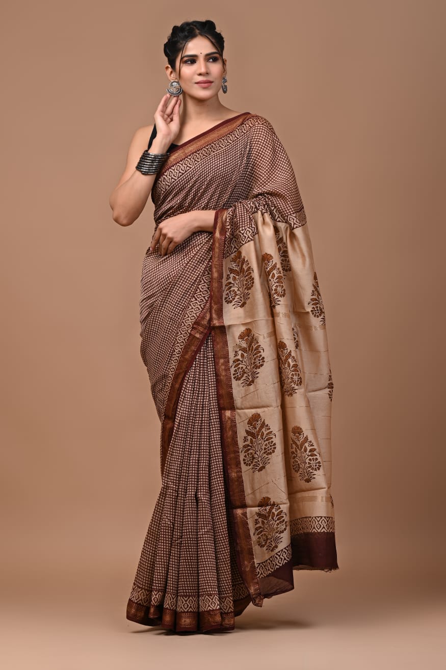 Hand block printed Maheswari saree
