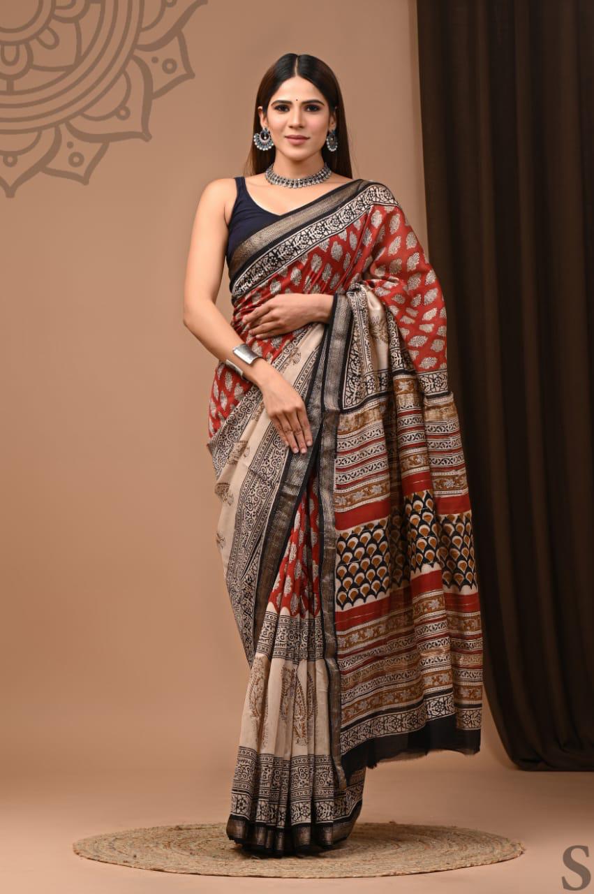 Hand block printed Maheswari cotton blend silk saree