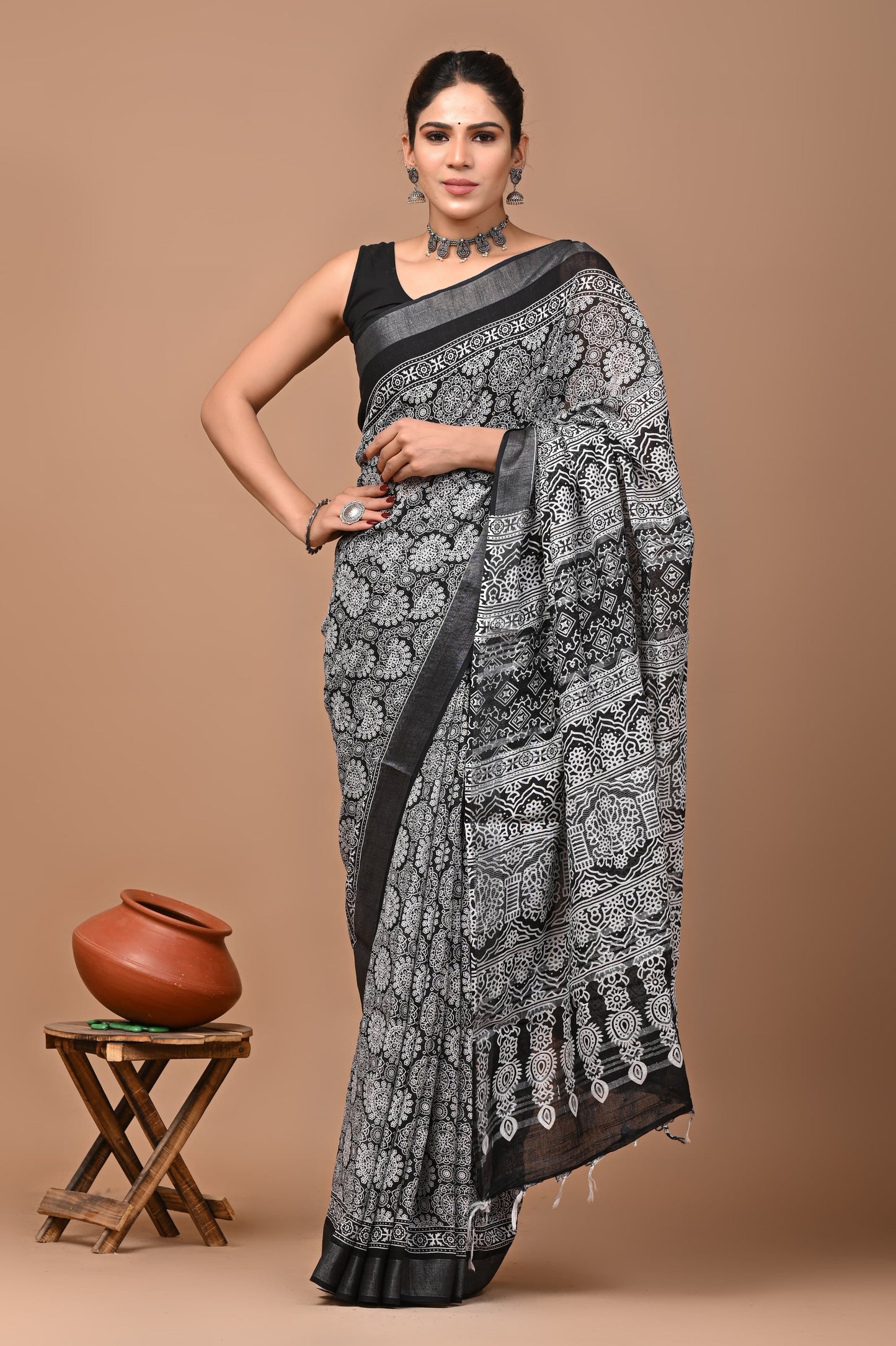 Linen hand block printed saree