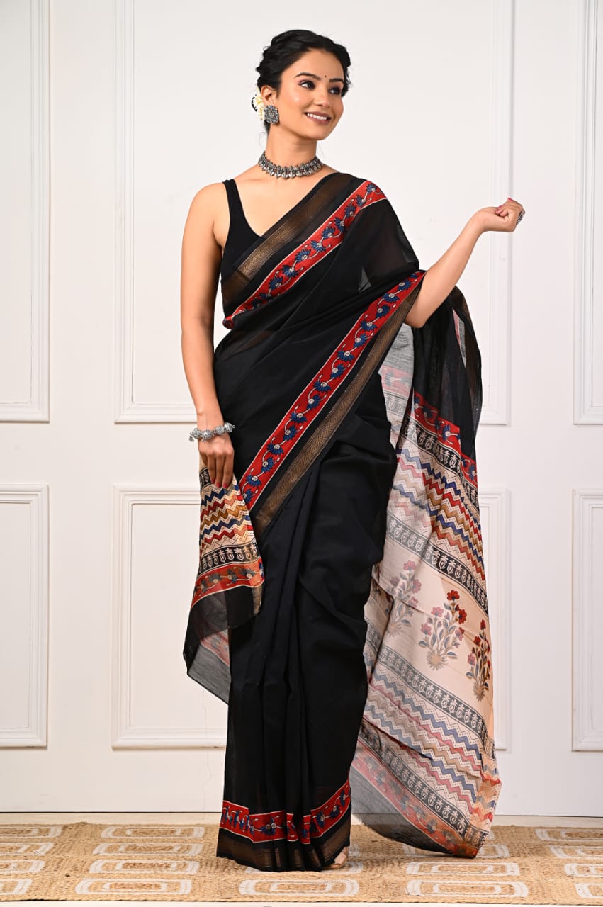 Hand block printed Maheswari saree