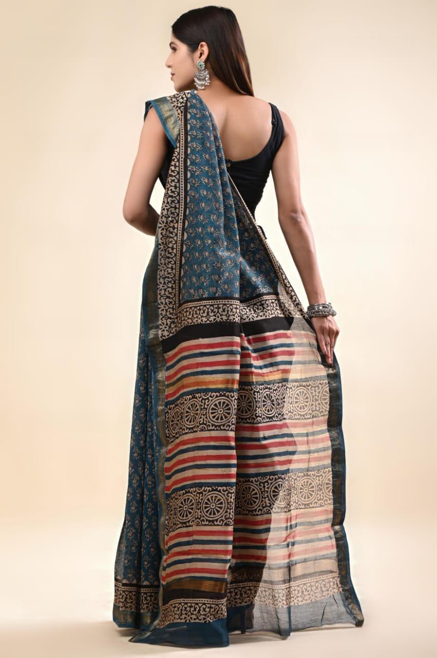 Hand block printed Maheswari cotton blend silk sarees