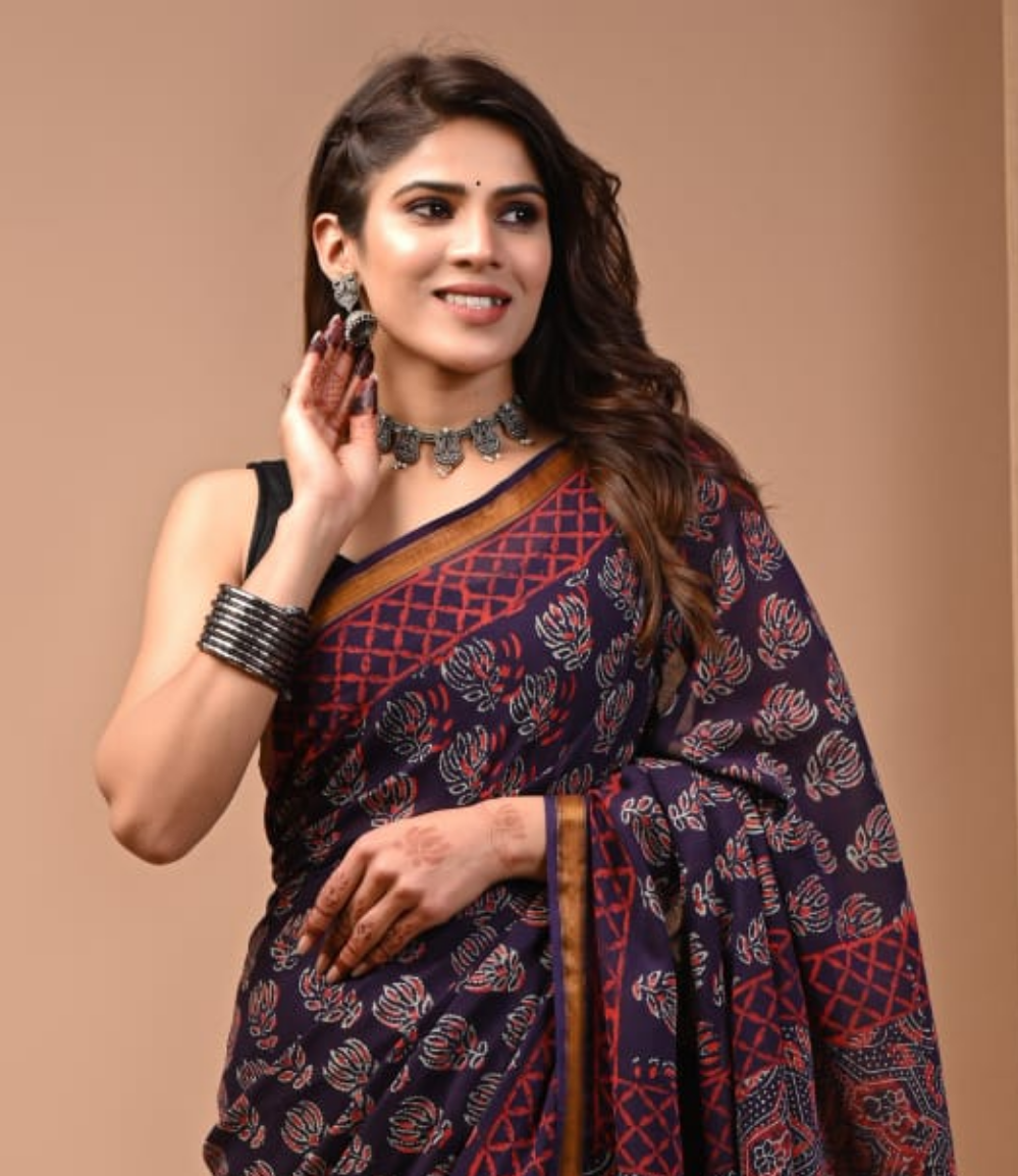 Handblock printed cotton zari saree