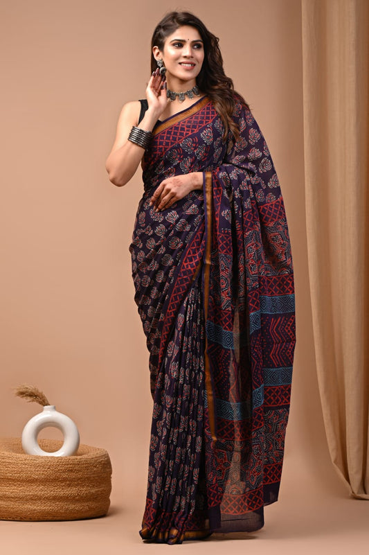Handblock printed cotton zari saree