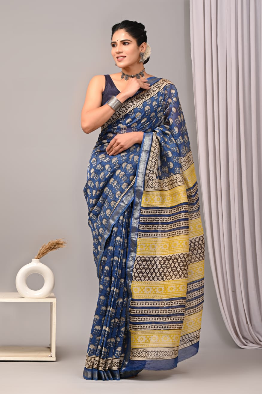 Hand block printed Maheswari  saree