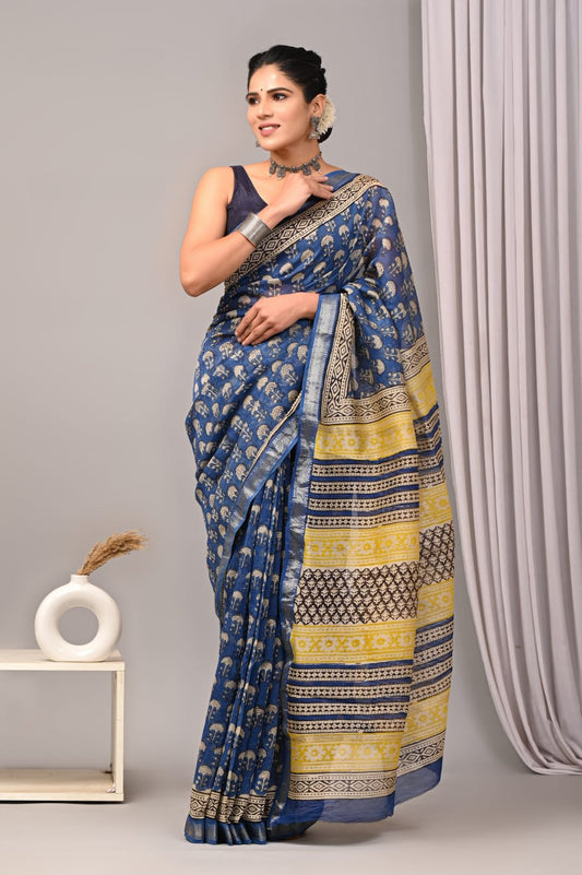 Hand block printed Maheswari  saree