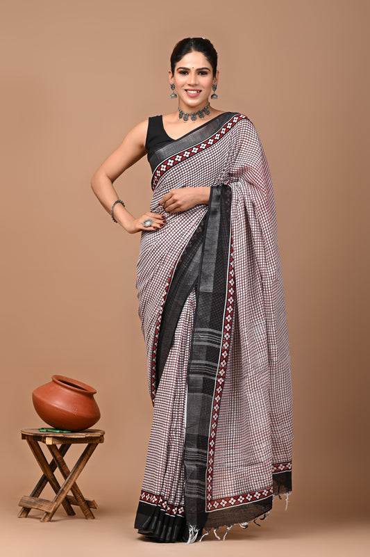 Linen hand block printed saree