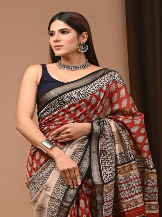 Hand block printed Maheswari cotton blend silk saree