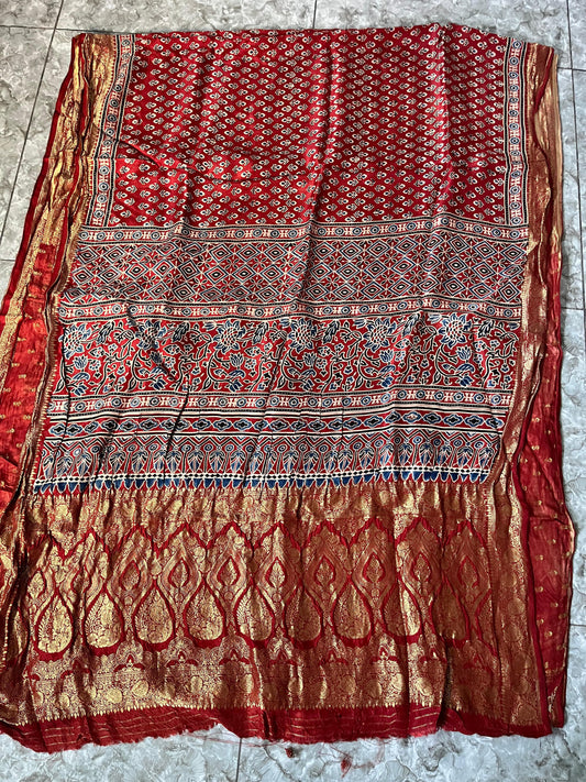 Ajrakh printed Dola silk saree