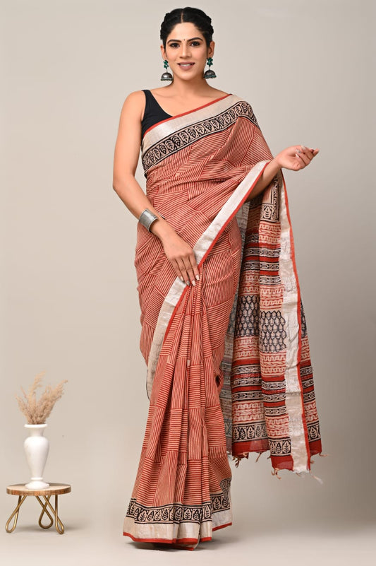 Linen hand block printed saree