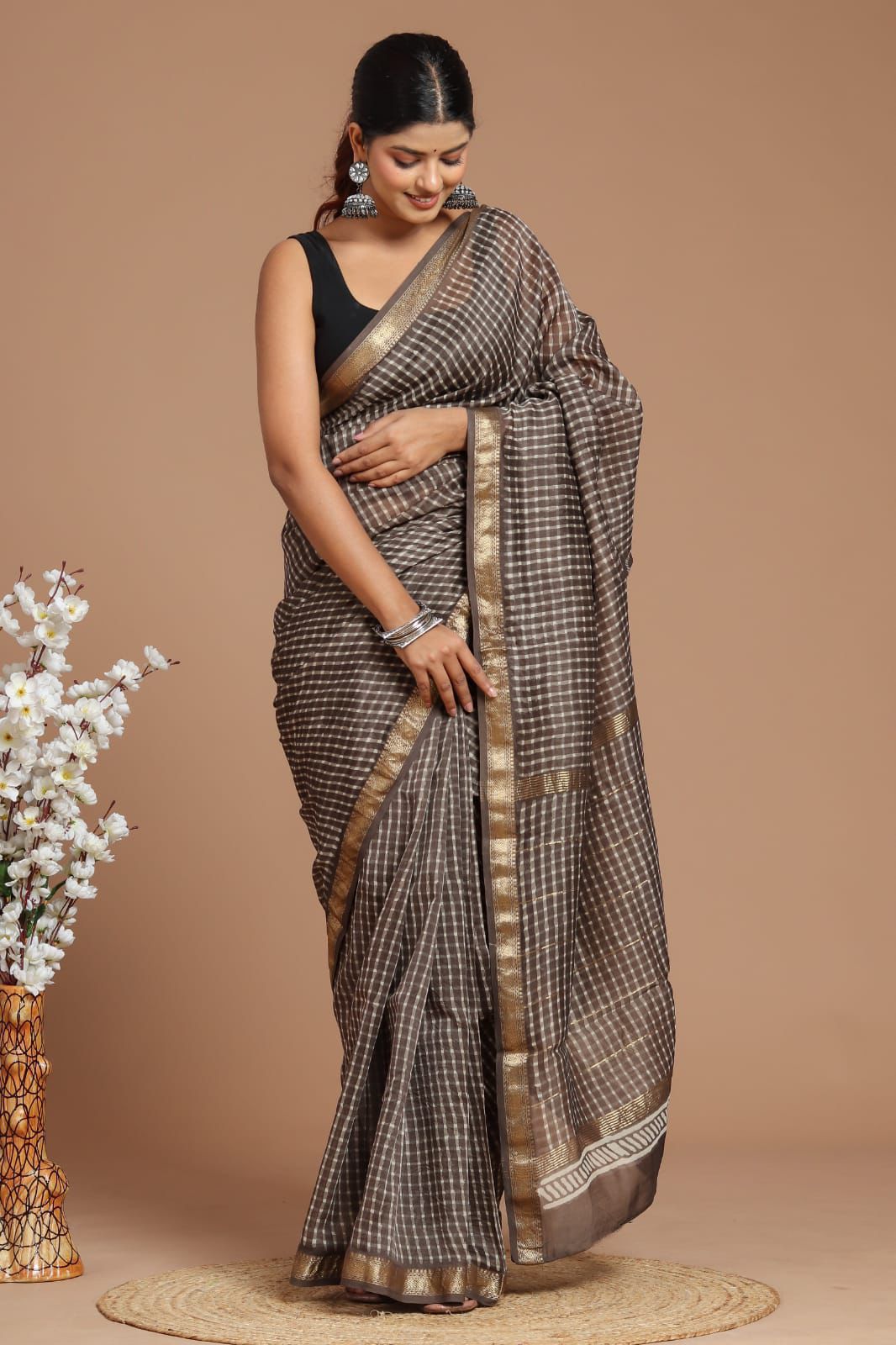 Hand block printed Maheswari  saree