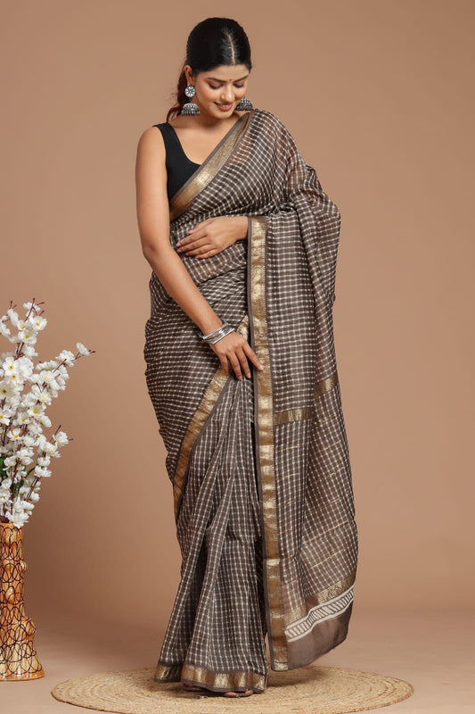Hand block printed Maheswari  saree