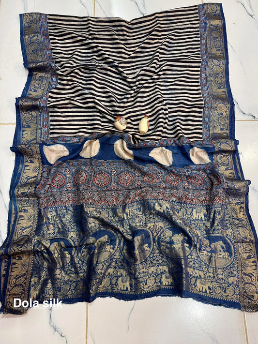 Ajrakh printed Dola silk saree