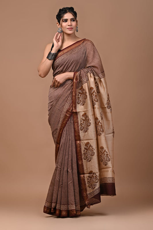 Hand block printed Maheswari  saree