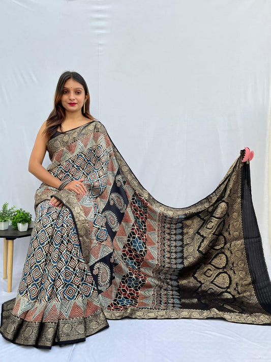Ajrakh printed Dola silk saree