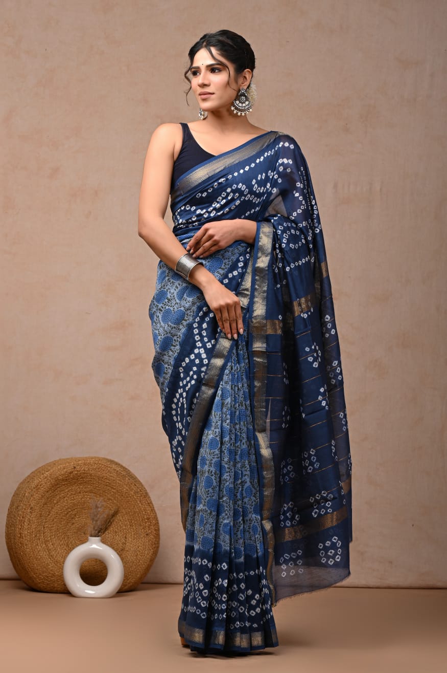 Hand block printed Maheswari  saree