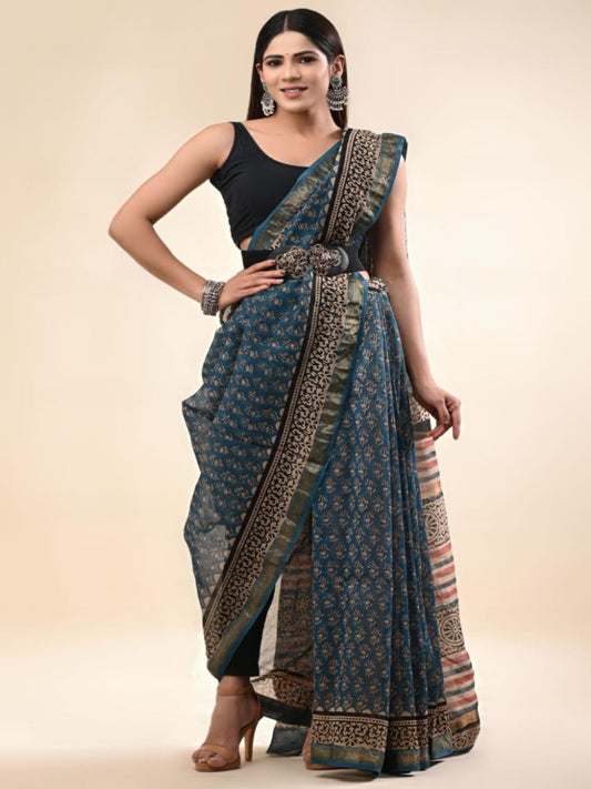 Hand block printed Maheswari  cotton blend silk sarees