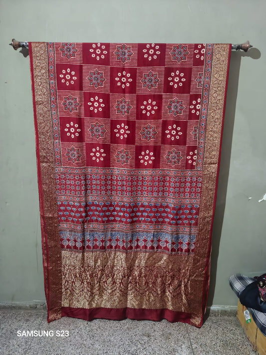 Ajrakh printed Dola silk saree