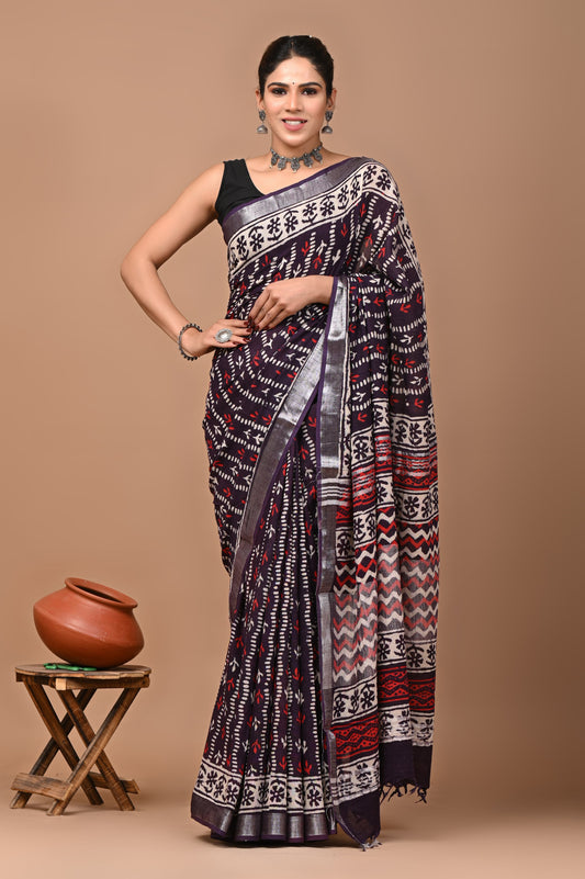 Linen hand block printed saree