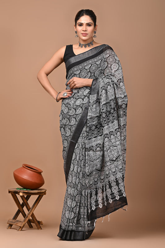 Linen hand block printed saree