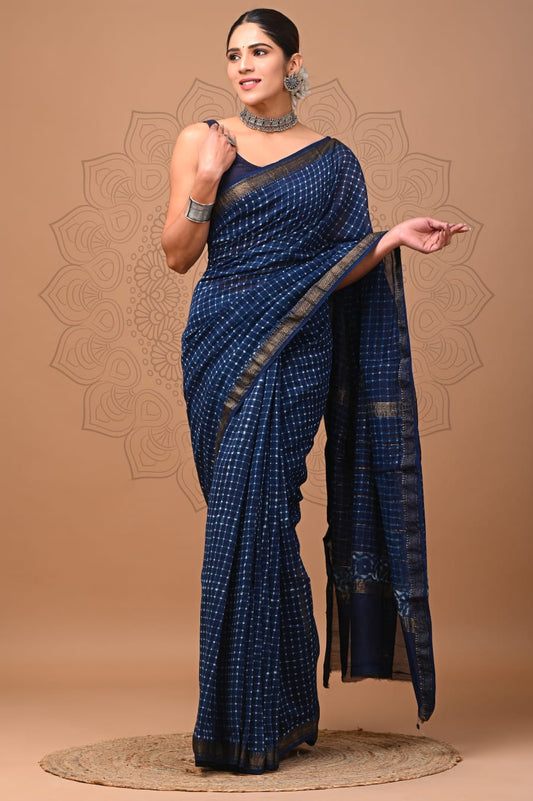 Hand block printed Maheswari  saree