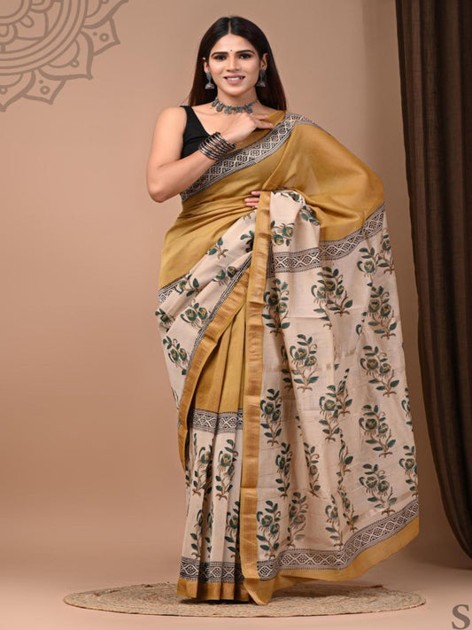 Hand block printed Maheswari cotton blend silk sarees with blouse